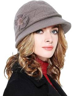 CheChury Strickmütze Damen Wollmütze Grobstrick Wintermützen Warme Frauen Beaniemütze Retro Fedorahüte Frauen Glockehut Kaschmir Mütze Damen Bowler Hut Winter Strickmütze mit Schirm Melone Hut,Khaki von CheChury