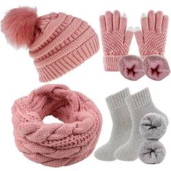 CheChury Strickmütze Schal Touchscreen Handschuhe Thermosocken Set Damen Beanie Gestrickt Winter Fleece Pompom Winterschal Kombi Wintersocken Set Loop Grobstrick Kombi Set Loop Schal Geschenk,Rosa von CheChury