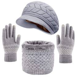 CheChury Strickmütze Winter Mütze Schal Handschuhe set mit Fleecefutter Barett Mütze Elastischer Halswärmer für Damen-Grau-One Size von CheChury