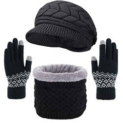 CheChury Strickmütze Winter Mütze Schal Handschuhe set mit Fleecefutter Barett Mütze Elastischer Halswärmer für Damen-Schwarz-One Size von CheChury