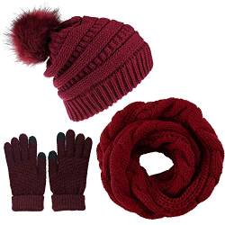 CheChury Strickmütze Wintermütze Schal Set Beanie Gestrickt Fleece Bommel Touchscreen Handschuhe Set Winterschal Kombi Set Loop Grobstrick Schal Damen Geschenk Winterzubehör, Rotwein, Einheitsgröße von CheChury