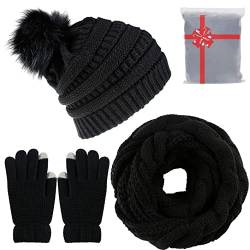 CheChury Strickmütze Wintermütze Schal Set Beanie Gestrickt Fleece Bommel Touchscreen Handschuhe Set Winterschal Kombi Set Loop Grobstrick Schal Damen Geschenk Winterzubehör, Schwarz, Einheitsgröße von CheChury