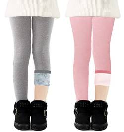 CheChury Thermoleggings Kinder Fleece Leggins Kinder Winterleggings Thermo Mädchen Fleece Gefüttert Leggings Baumwolle Hosen Winter Dicke Warme Lange Thermohose Elastische Outdoor,Grau+Rosa,104-110 von CheChury