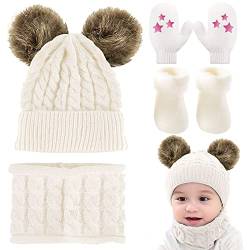 CheChury Warme Winter Mütze Schal Kinder Sets Baby Mädchen Beanie Hut Jungen Strickmütze mit Bommel Babymütze Schlupfmütze für 0-3 Jahre Kinder (D-Weiß, One Size) von CheChury