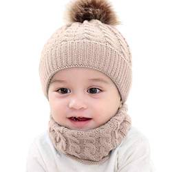 CheChury Warme Winter Mütze Schal Kinder Sets Baby Mädchen Beanie Hut Jungen Strickmütze mit Bommel Babymütze Schlupfmütze für 0-3 Jahre Kinder-A-Beige-One Size von CheChury