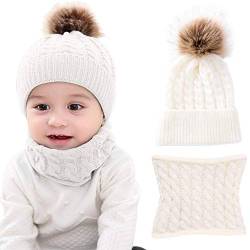 CheChury Warme Winter Mütze Schal Kinder Sets Baby Mädchen Beanie Hut Jungen Strickmütze mit Bommel Babymütze Schlupfmütze für 0-3 Jahre Kinder-A-Weiß-One Size von CheChury