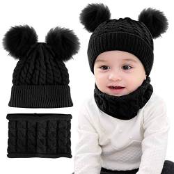 CheChury Warme Winter Mütze Schal Kinder Sets Baby Mädchen Beanie Hut Jungen Strickmütze mit Bommel Babymütze Schlupfmütze für 0-3 Jahre Kinder-B-Schwarz-One Size von CheChury