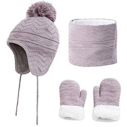 CheChury Winter Mütze Schal Handschuh Sets Mädchen Strickmütze Warme Babymütze Jungen Wintermütze Fleece Winterschal Elastische Beanie Ohrenschützer Hut und Schal Kinder 1-6 Jahre，Grau，L von CheChury