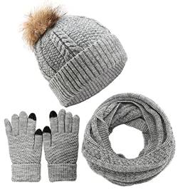 CheChury Winter Schal Strickmütze Kombiset Damen Strickset Beanie Handschuhe Touchscreen Damen Schlauchschal Strick Gestrickt Fleece Bommel Mütze Grobstrick Schal Geschenk Winterzubehör,Grau von CheChury