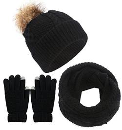 CheChury Winter Schal Strickmütze Kombiset Damen Strickset Beanie Handschuhe Touchscreen Damen Schlauchschal Strick Gestrickt Fleece Bommel Mütze Grobstrick Schal Geschenk Winterzubehör,Schwarz von CheChury