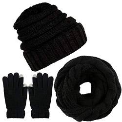 CheChury Winter Schal Strickmütze Kombiset Strickset Beanie Handschuhe Damen Schal Mütze Handschuhe Set Gestrickt Geschenkset Touchscreen-Handschuhe von CheChury