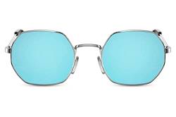 Cheapass Sonnenbrille Kleine trendige achteckige silberne Metallfassung mit recycelten blauen verspiegelten Gläsern UV400-Schutz Herren Damen von Cheapass