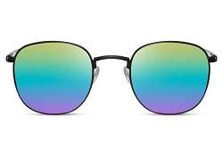 Cheapass Sonnenbrille Rund Schwarz Metall mit flexiblen Schanieren von hoher Qualität Retro Vintage Rainbow verspiegelte Linsen UV400 geschützt Männer Frauen von Cheapass