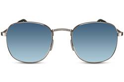 Cheapass Sonnenbrille für Herren und Damen schmales Modell mit runden, recycelten UV400-Gläser in blau und silbernen Metallbügeln von Cheapass