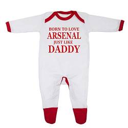 Baby-Schlafanzug, Aufschrift "Born To Love Arsenal Just Like Daddy", entworfen und bedruckt in Großbritannien, aus 100 % gekämmter Baumwolle, Weiß/Rot, 80 von Cheekytots