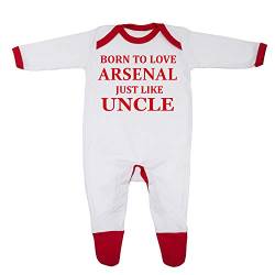 Baby-Schlafanzug für Jungen und Mädchen, Motiv Born To Love Arsenal Just Like Uncle, hergestellt in Großbritannien, aus 100 % fein gekämmter Baumwolle, Weiß/Rot, 50 von Cheekytots
