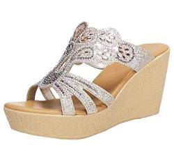 Cheerlife Damen Keilabsatz/Wedge Pantoletten Damenschuhe Sandalen Sandaletten Strass Lack Schuhe Glitzer Sommer Schuhe 35 Champagner von Cheerlife