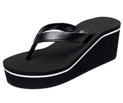 Cheerlife Damen PU-Leder Flip Flops Keilabsatz Zehentrenner Sandalen Strandschuhe Sommerschuhe Pantoffeln 35 Schwarz von Cheerlife