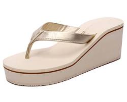 Cheerlife Damen PU-Leder Flip Flops Keilabsatz Zehentrenner Sandalen Strandschuhe Sommerschuhe Pantoffeln 37 Beige von Cheerlife