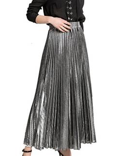 Cheerlife Damen Rock Plissierter Maxi Faltenrock Plisseerock A-Linie Falten metallischen Glanz helle Seide Elastische Taille Lang Rock L Silber von Cheerlife