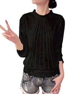 Cheerlife Elegant Damen T-Shirt Spitze Langarmshirt/Kurzarmshirt Spitzenshirt Top Bluse Shirt Tunika Hemd XL schwarz von Cheerlife