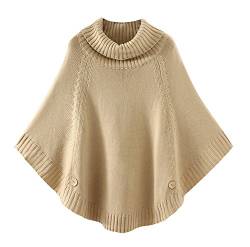 Cheerlife Mädchen Damen Grobstrick Poncho Pullover Strick Cape Umhang Fledermaus Sweater Top Strickpullover Rollkragen Beige von Cheerlife