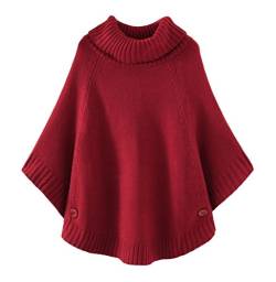 Cheerlife Mädchen Damen Grobstrick Poncho Pullover Strick Cape Umhang Fledermaus Sweater Top Strickpullover Rollkragen Weinrot von Cheerlife