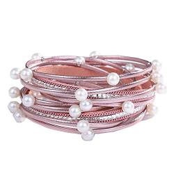 Cheerlife Mehrschichtig Leder Wickelarmband künstliche Perlen Mädchen Damen Party Kleid Zubehör Magnetverschluss Armband (Pink+Perlen) von Cheerlife