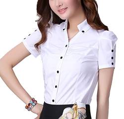 Cheerlife Sommer Damen Bluse Kurzarm V-Ausschnitt Hemdblusen Hemd Slim Fit OL Business Tunika Oberteil 4XL Weiß von Cheerlife