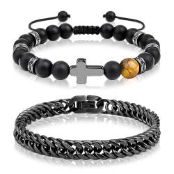 CheersLife Valentinstag Geschenke für ihn Armband Herren Armband Perlenarmband aus Onyx Natursteinperlen und Schwarz Jungs Edelstahl Armband Panzerkette 2 Stücke 8mm Tigerauge Onyx Kreuz von CheersLife