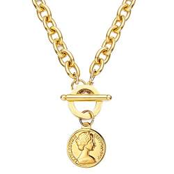 Retro Queen Head Coin Anhänger Halskette Edelstahl Dicke Kette Kurze Halskette OT Schnalle Halskette 18 Karat vergoldet (Gold) von Chengxun
