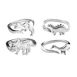 chengxun 4 Stück Dinosaurier-Ring für Frauen und Mädchen, offener Ring, Schmuck, Freunde, Geschenk, Metall von Chengxun