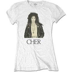 Cher T Shirt Leather Jacke Logo Nue offiziell Damen Skinny Fit Weiß L von Cher
