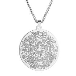 Chereda Maya-Kalender Amulette Anhänger Halskette für Damen Herren Vintage Talisman Schmuck 316L Edelstahl Halsketten, Edelstahl, Ohne Edelstein von Chereda