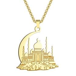 Chereda Moschee mit Halbmond-Anhänger für Damen und Herren, muslimischer Schmuck, 316L Edelstahl, islamische Halskette, Edelstahl, Ohne Edelstein von Chereda