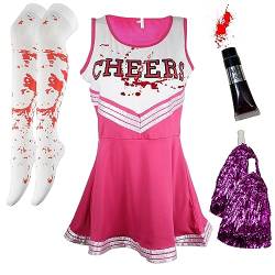 Cheerleader-Kostüm für Damen, Halloween-Kostüme für Damen, Cheerleader, Halloween-Kostüm, Erwachsenenkostüm, Zombie-Cheerleader, Halloween-Kostüm für Damen, totes Cheerleader-Blutschlauch, Strümpfe, von Cherry-on-Top