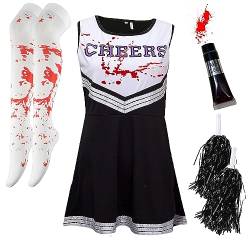 Zombie Cheerleader-Kostüm mit Flasche Blut und Strümpfen Gr. 40, schwarz/weiß von Cherry-on-Top