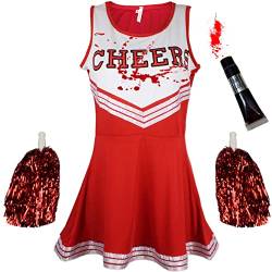 Zombie-Cheerleader-Kostüm mit Kunstblutröhrchen, „totes Cheerleader“-Outfit für Damen, Mädchen oder Kinder zu Halloween, Rot, Größe L von Cherry-on-Top