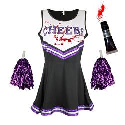 Zombie-Cheerleader-Kostüm mit Kunstblutröhrchen, „totes Cheerleader“-Outfit für Damen, Mädchen oder Kinder zu Halloween, Schwarz-Lila, Größe S von Cherry-on-Top