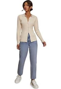 Chi Chi London Damen Geripptes Poloshirt mit Knopfleiste in Creme Pullover, cremefarben, M von Chi Chi London