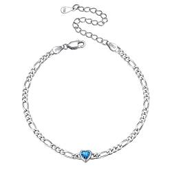 ChicSilver Figarokette Armband, 925 Herz Armkette mit Türkis Geburtsstein, Boho Armschmuck für Strand, Geschenke für Valentinstag Geburtstag Muttertag von ChicSilver