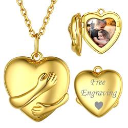 ChicSilver gold Fotoanhänger für Damen Frauen Herz Umarmung mit Hände Halskette Personalisierter Photo Amulett mit Geschenkebox für Freundin Ehefrau Mama von ChicSilver