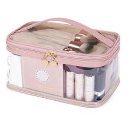 ChicVessel Transparente PU-Make-up-Tasche, tragbare Kosmetiktasche für Reisen, Pink, Durchsichtige und geräumige zweilagige Kosmetiktasche für Reisen oder den täglichen Gebrauch von ChicVessel