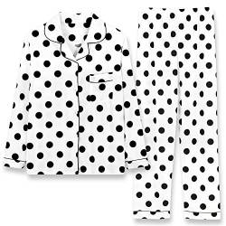 Schlafanzug Damen Langarm Knopfleiste Pyjama Zweiteiliger Klassische Tupfen Hausanzug Herbst Winter Bequem Frauen Loungewear Lang Hose Nachtwäsche Set (Weiß,L) von Chickwin-Shop