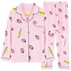 Schlafanzug Damen Langarm Rosa Pyjama Zweiteiliger Hausanzug Herbst Winter Bequem Frauen Loungewear mit Knopfleiste Lang Hose Nachtwäsche Set (Erdbeere,M) von Chickwin-Shop