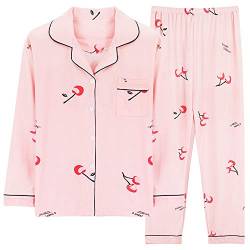 Schlafanzug Damen Langarm Rosa Pyjama Zweiteiliger Hausanzug Herbst Winter Bequem Frauen Loungewear mit Knopfleiste Lang Hose Nachtwäsche Set (Kirsche,XXL) von Chickwin-Shop