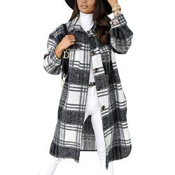 Chickwin Kariertes Hemd Damen, Dicke Langer Plaid Shirt Button Down Boyfriend Langarm Hemdbluse Oversize Revers Karohemd V-Ausschnitt Mode Lässig Roll Up Blusenshirt mit Tasche Casual von Chickwin