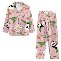 Chickwin Schlafanzug Damen Lang Pyjama Set mit Knopfleiste, Panda Drucken Frauen Schlafanzüge Sleepshirt Lange Hose mit Taschen Hausanzug Zweiteilier Nachtwäsche von Chickwin