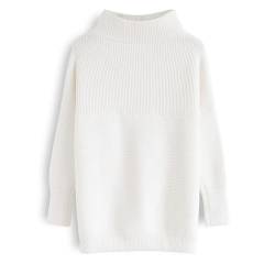 CHICWISH Damen Leinen/Weiß/Grau Gemütlich Gerippt Langarm Rollkragen Stricktop Pullover Sweater, Weiss/opulenter Garten, Small-Medium von Chicwish