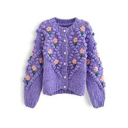 CHICWISH Damen Lila/Creme Stitch Floral Diamond Pom-Pom Handgestrickte Strickjacke, Violett, Medium-Large von Chicwish